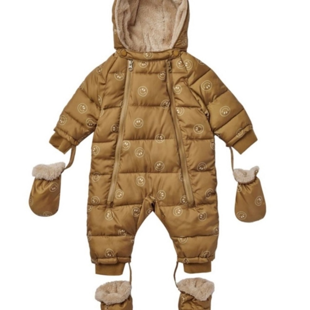 COPY - 3-6 mo. Rylee & cru smiley camel color unisex snow suit with gloves and …